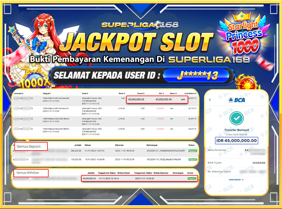 SUPERLIGA168 JACKPOT STARLIGHT PRINCESS 1000 Rp.45,000,000LUNAS